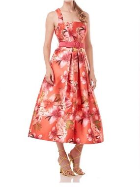Kay Unger Floral Coral Midi Dress Belted Sz 6 Hawaiian Sleeveless Summer